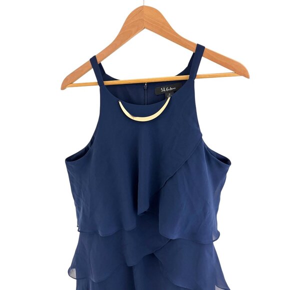 Navy Blue Chiffon Gold Embellished Tulip Tiered Dress Size 16 Wedding Evening - Picture 3 of 7